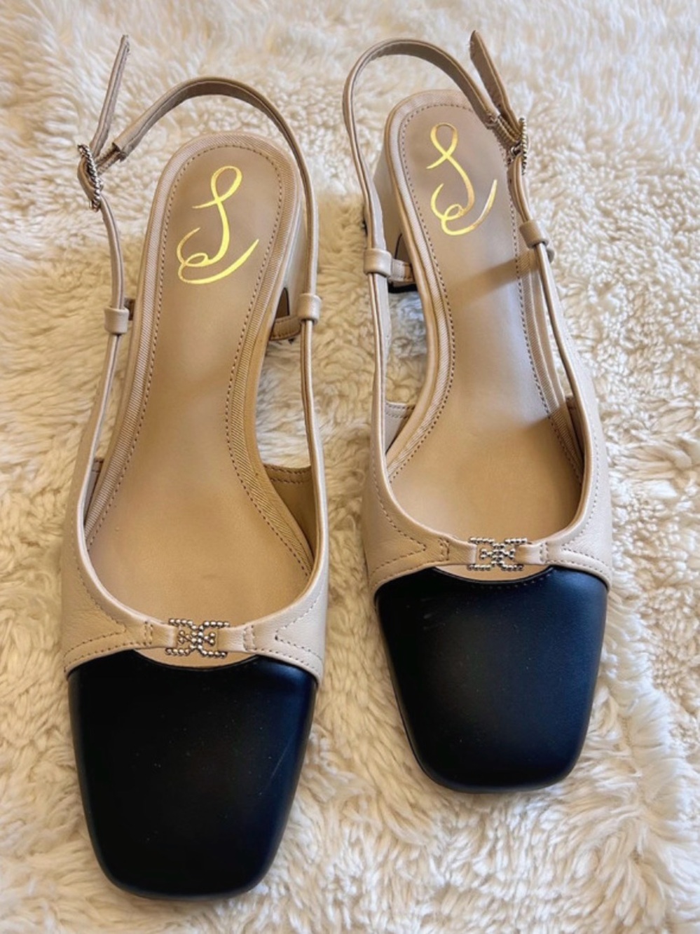 Sam Edelman Beige and Black Two-Tone Slingback Mules